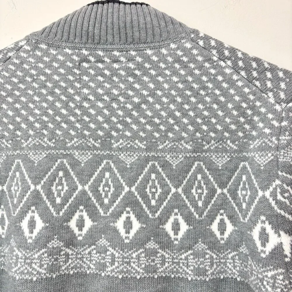 Jos A Bank 1905 Tailored Fit Chunky Knit Henley Sweater Men L Gray Fair Isle